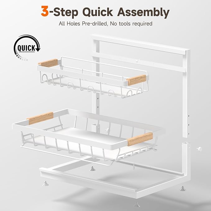2 Packs Under Sink Organizer, Height Adjustable 2 Tier Under Kitchen sink organizer, Multi-Purpose Storage Shelf for Kitchen Bathroom Cabinet (White)