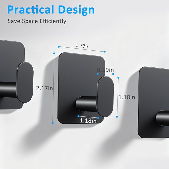 Adhesive Wall Hooks 12 Pcs, Waterproof Matte Black Towel Hooks for Bathroom, Stainless Steel Sticky Hooks for Kitchen Shower with Strong Hold