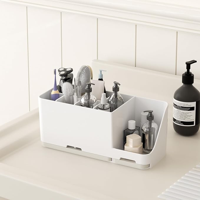 JUMEIHUI Bathroom Countertop Organizer with Water Absorbent Diatomite,8 Slots Bathroom Toothbrush Holder with Adjustable Dividers,Bathroom Sink Organizer Countertop (White)