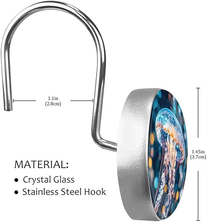 Jellyfish Decorative Shower Curtain Hooks,12 Pcs Rust Proof Glass Surface Stainless Steel Curtain Rings for Bathroom Bedroom Living Room Shower Rods Decor