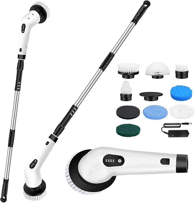 Electric Spin Scrubber, Upgraded Electric Cleaning Brush with 10 Replaceable Brush Heads, 132cm Adjustable Handle, 1500mAh Lithium Battery, Cleaning Bathroom Kitchen