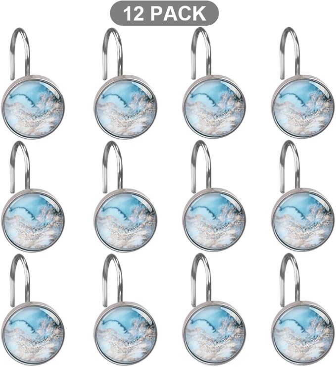 12PCS Blue Gray Glass Shower Curtain Hooks, Decorative Shower Curtain Rings Snowflake Texture Shower Hooks Rustproof Stainless Steel, Bathrom Decor