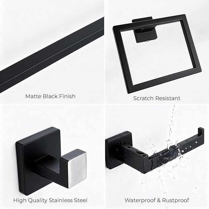 5 Pieces Matte Black Bathroom Hardware Accessories Set, 23.6 Inch Stainless Steel Towel Bar Set, Wall Mount Toilet Paper Holder, Towel Holder, Towel Hooks for Bathroom