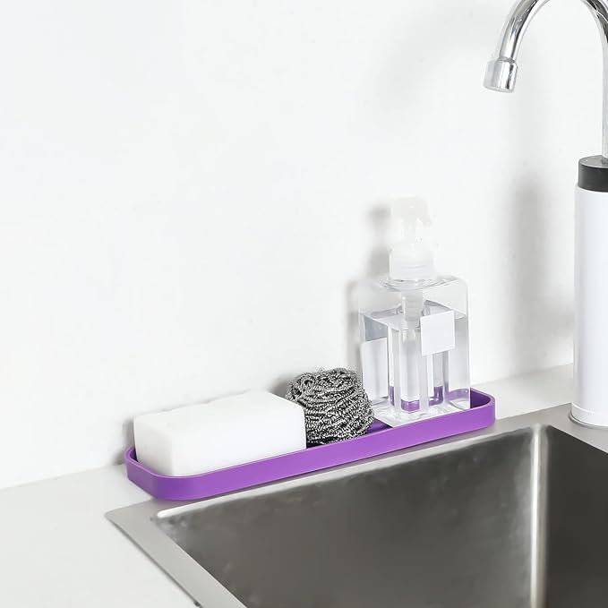 Silicone Kitchen Sink Organizer Tray for Multiple Usage,Eco-Friendly Sponges Holder for Kitchen Bathroom Counter or Sink,Dish Soap Dispenser,Scrubber,Bottle,Cup (Purple, 12"×4")
