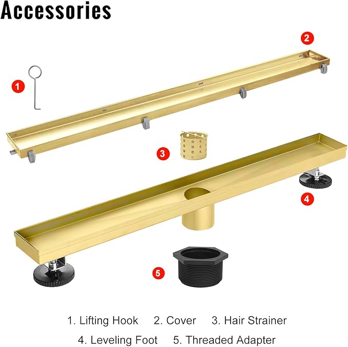 SaniteModar Linear Shower Drain, Gold Shower Drain 28 inch with 2 in 1 Tile Insert Panel, Hair Strainer and Leveling Feet