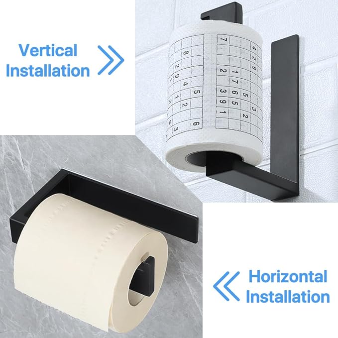 SAYAYO Self Adhesive Toilet Paper Holder Wall Mount, Modern Matte Black Stick on Toilet Paper Roll Holder for Bathroom Square, SUS304 Stainless Steel