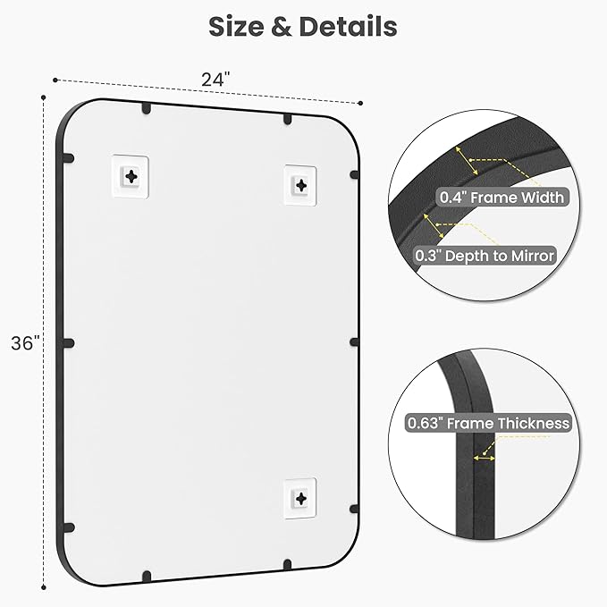 2 Pack Bathroom Mirrors for Over Sink, 24"x36" Matte Black Framed Vanity Mirror, Rounded Corner Rectangular Metal Mirror for Wall, Modern Farmhouse Industrial Decor
