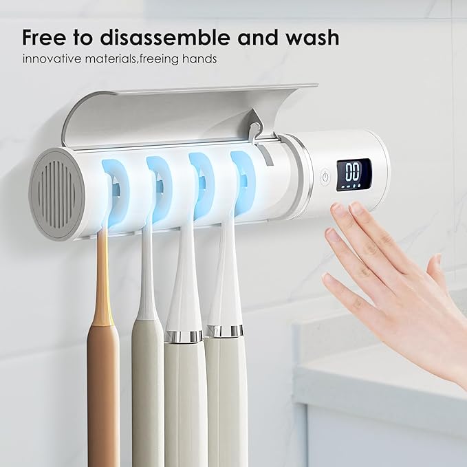 Wall Mounted Toothbrush Holder, Electric Tooth Brush Holders Single Person Cleaner for Bathroom, with Auto Inductive Open/Close Cover, Clean, Dry for Home, Travel (4 Slots)