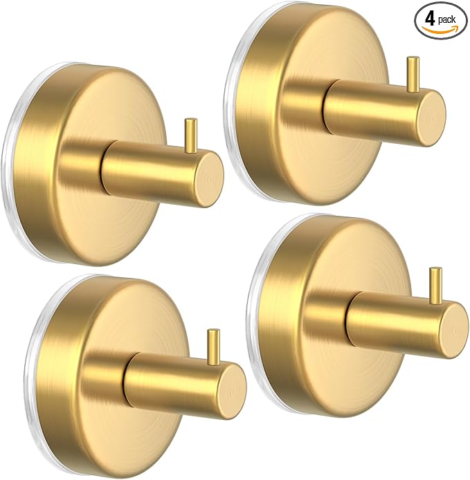 HUFEEOH Suction Cup Hooks for Shower, 4 Pack Removable Towel Holder Hooks for Inside Shower, No Drill Towel Hooks for Bathroom Hanger Wall Mount (Gold)