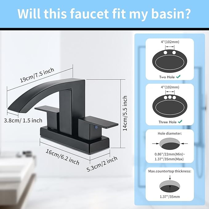 4 Inch Centerset Bathroom Faucet, 2-Handle Waterfall Sink Faucet 3 Hole, Matte Black Vanity Faucet with Pop Up Drain & cUPC Supply Hoses,Waterfall Bathroom Faucet for Lavatory