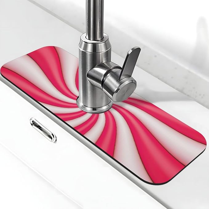 Christmas Lollipop Swirl Candy Sugar Red White Cute Kitchen Sink Splash Guard Faucet Mat 1 Pcs, Absorbent Fast Drying Mat Gadgets Splash Guard For Bathroom 15 X 5.5 Inches