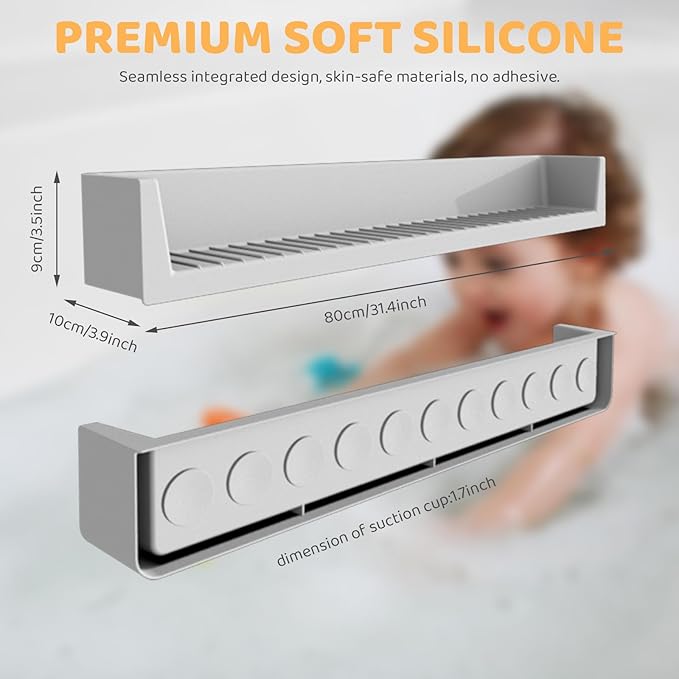 Bathtub Splash Guard for Tub Kids, Longer Silicone Water Splash Guard for Bathtub, Toy Holder Play Shelf for Bathtime，Silicone Tub Splash Guard Prevent Water Spills in Bathroom (Gray)