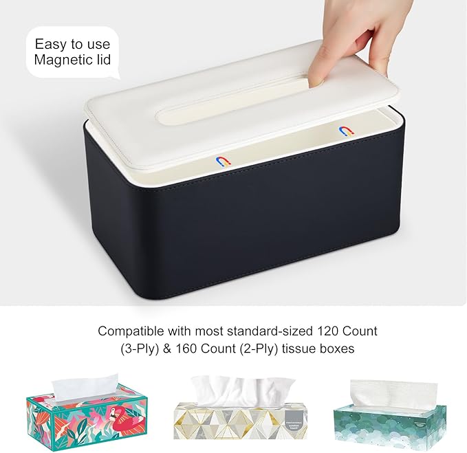 KINGFOM Tissue Box Cover, PU Leather Tissue Box Holder Rectangular, Modern Facial Tissue Paper Napkin Dispenser for Bathroom, Home, Office, Car Automotive Decoration with Magnetic Lid Black