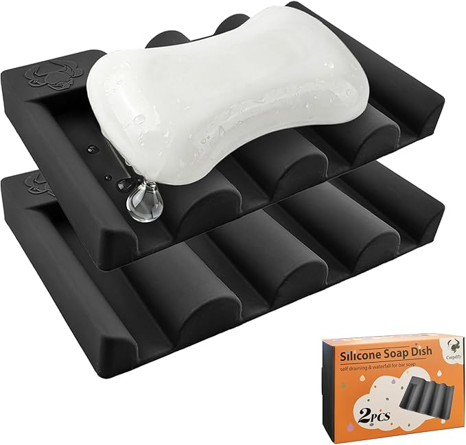 Silicone Soap Dish,Self Draining Soap Holder Perfect for Shower,Bathroom Sink,Kitchen Sink & Travel,Non-Slip Bar Soap Holder Extend Soap Life,Keep Soap Bars Dry Clean (Black-2Pcs)
