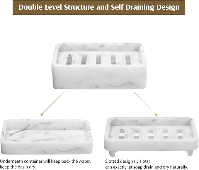 Shinowa Resin Soap Dish, Self-Draining Bar Soap Tray with Drainable Board, Dual Layer Sponge Holder for Bathroom Kitchen Shower Bathtub Sink Counter-top, Marble White