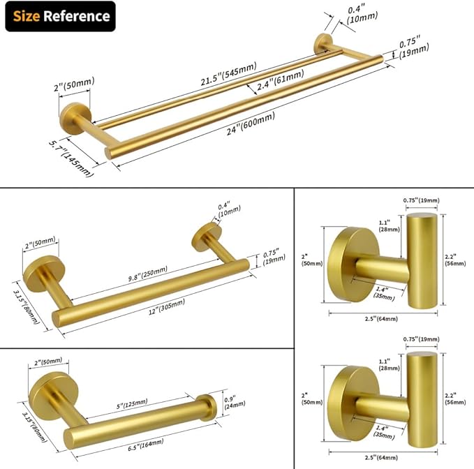 Gold 5-Pieces Bathroom Hardware Set Wall Mounted - Includes 24" Double Towel Bar, 12" Hand Towel Bar, Toilet Paper Holder, 2X Robe Towel Hooks