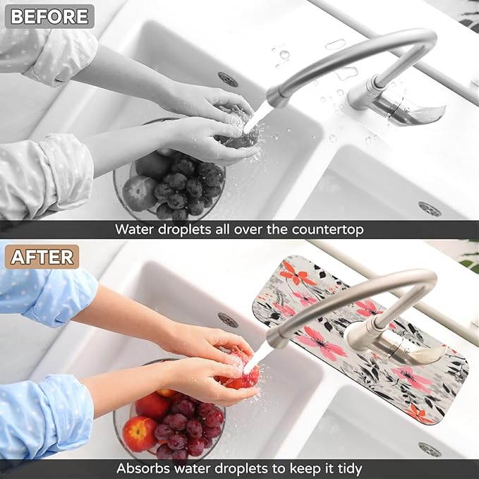 Gray Background Floral Kitchen Faucet Mat Splash Guard, 15.4”x5.7” Absorbent Quick Drying Sink Mat for Countertop Protection, Draining Mat Sink Protectors For Kitchen Bathroom, 2 Pack