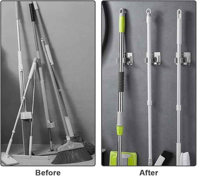 4 Pack Self Adhesive Broom Holder Wall Mount, Heavy Duty Mop Holders No Drill, 2 in 1 Broom Holder with Storage for Laundry Room, Garage, Bathroom, Closet Kitchen, Garden Organization