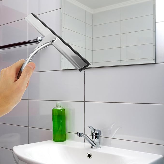 PRETYZOOM Glass Door Squeegee and Window Squeegee 10-inch Stainless Steel Blade with Nail-Free Adhesive Hook for Shower Doors Bathroom Mirrors Car Glass Cleaning