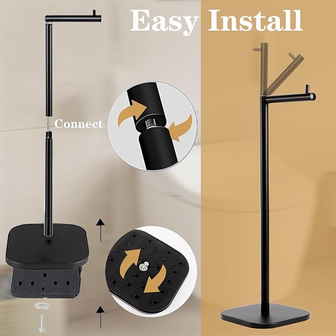 Toilet Paper Holder Stand, Free Standing Tissue Paper Storage for Bathroom, Stainless Steel Toilet Paper Stand with Reserve for 5 Roll Weighted Base Bathroom Toilet Roll Holder(Matte Black)