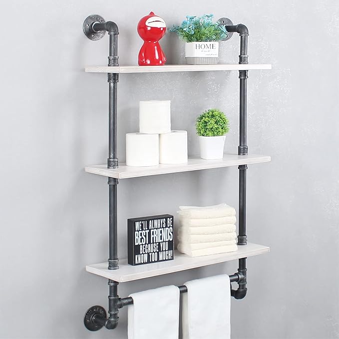 MBQQ Industrial Shelving,Bathroom Shelves with Towel bar,24in Rustic Metal Pipe Floating Shelves Pipe Wall Shelf,3 Tier Industrial Shelf Wall Mounted,Retro White