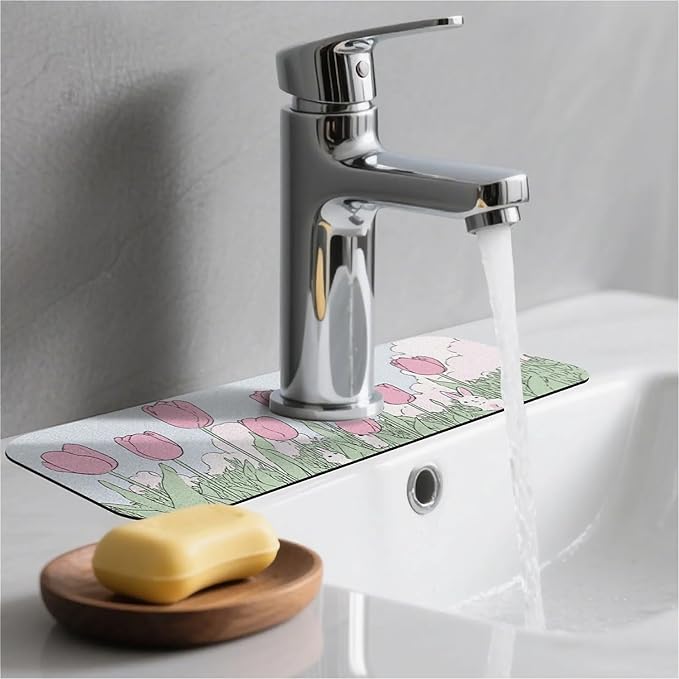 Kitchen Sink Splash Guard，pink tulips,white rabbits Faucet Mat Sink Gadgets-Super Absorbent Fast Drying Mat Drip Catcher for Kitchen, Bathroom,Sink Mat, Dish Drying Mat, Bathroom(15" X 5.5" )