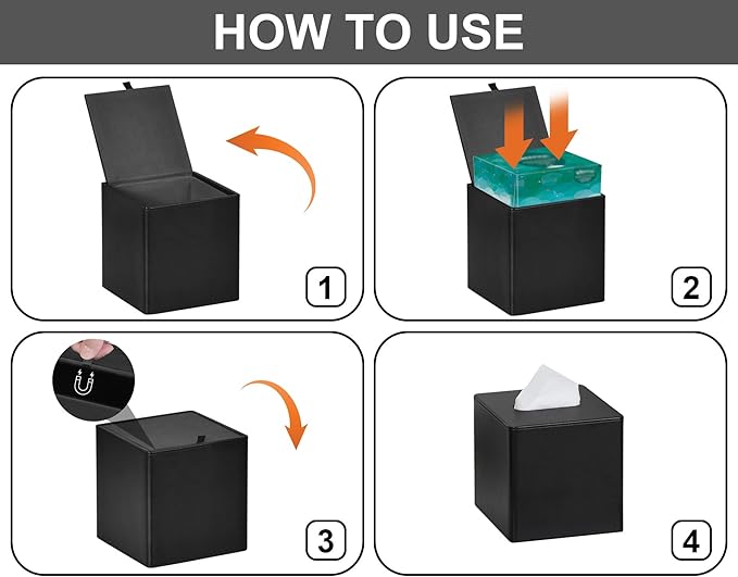 Tissue Box Cover Square PU Leather Facial Tissue Box Holder for Dresser Bathroom Decor (Black)