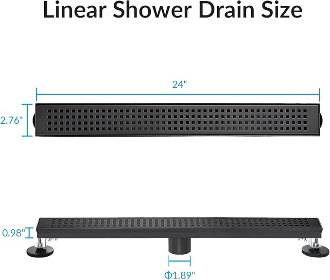 24 Inch Removable Cover Linear Shower Drain 304 Stainless Steel Rectangular Floor Drain for Kitchen Bathroom Square Hole Drain with Accessories Hair Strainer Adjustable Leveling Feet (Matte Black)