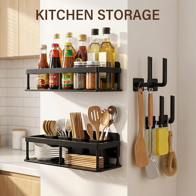 2pc Wall Mounted Floating Shelf, Detachable Storage Rack,No Drill Shelves for Wall,Floating Shelves Damage-Free Expand Walls Space for Living Room Kitchen Bathroom (4, Black)