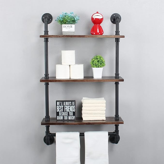 MBQQ Iron Pipe Shelves Industrial Bathroom Shelves with Towel bar,24in Rustic Metal Pipe Floating Shelves Pipe Wall Shelf,3 Tier Industrial Shelf Wall Mounted,Retro Black