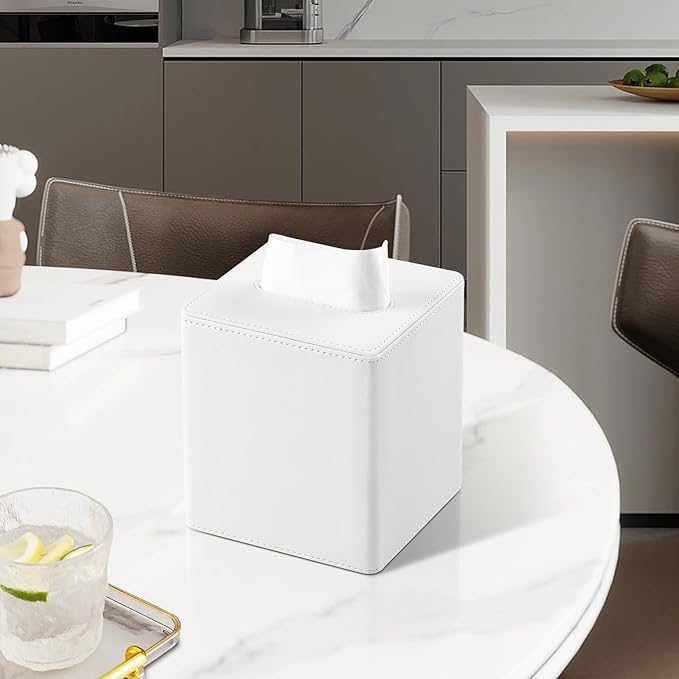 PU Leather Tissue Box Cover Square Tissue Box Holder with Magnetic Closure (White)