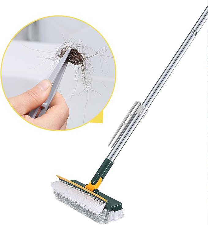 Grout Scrub Brush with 42" Long Handle Double-Sided Floor Scrub Brush V-Shape Grout Cleaner with Squeegee 180° Rotating for Tile Floors, Baseboards, Wall