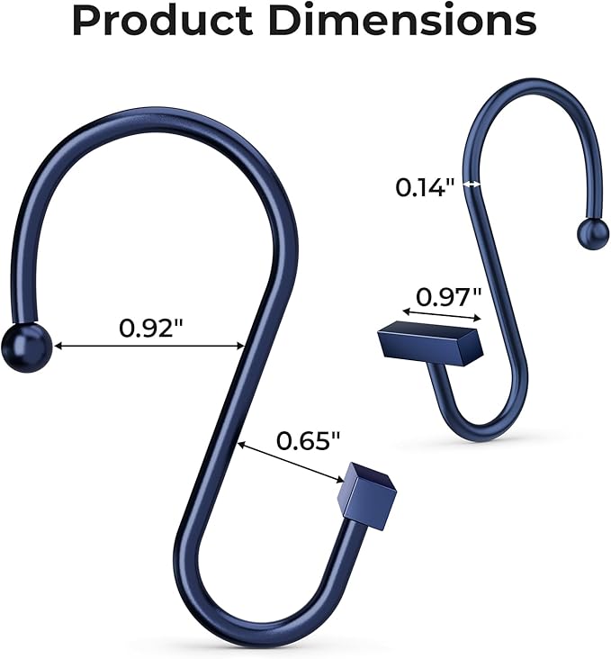 Navy Blue Shower Curtain Hooks, Bathway Shower Curtain Rings Rust Proof, 12PCS Shower Hooks for Shower Curtain, T-Bar Design Convenient Elegant Shower Curtain Hangers for Bathroom Kitchen Wardrobe