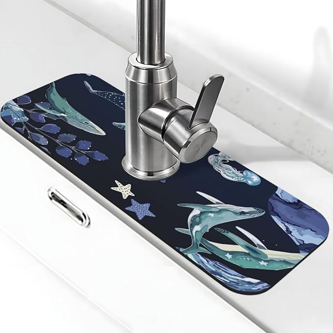Whale Ocean Starfish 15" X 5.5" Kitchen Sink Splash Guard, Faucet Guard Draining Mat, Faucet Suction Pad For Kitchen Bathroom