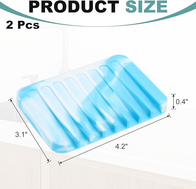uxcell 2 Pcs Self Draining Silicone Soap Dish, Soap Tray with Drainage for Bathroom Shower Kitchen Sink, 4.5" x 3.1" x 0.4", Blue/White