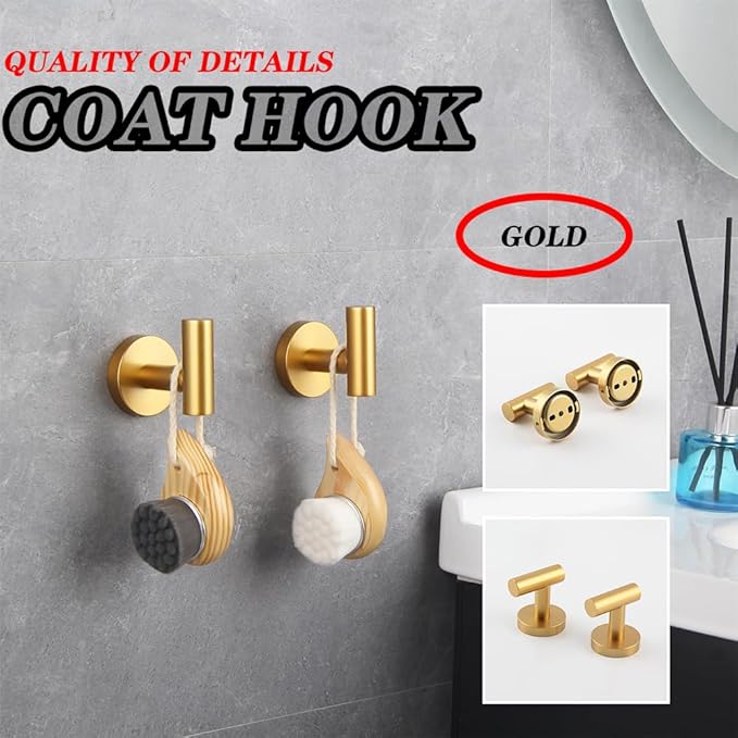 GERZWY SUS 304 Stainless Steel Gold Coat Hook Bathroom Single Towel/Robe Clothes Hook for Bath Kitchen Wall Mounted 2 Pack AG1107B-BE