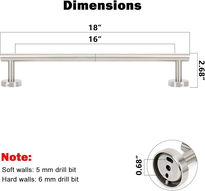 NearMoon Bath Towel Bar, Thicken Stainless Steel Shower Towel Rack Holder Wall Mounted for Bathroom,18-lnch Overall Length-16-lnch Usable Hanging Space (1 Pack, Brushed Nickel)