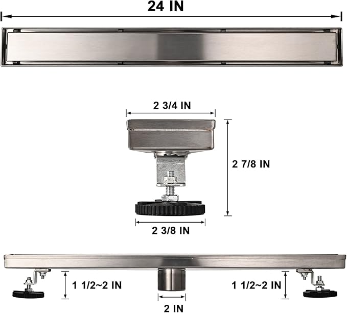 Linear Shower Floor Drain, 24 Inch Brushed Nickel 304 Stainless Steel Bathroom Drains Kit, Rectangular Shower Trench Drain with Reversable Tile-in Pattern Drain Cover & Hair Catcher