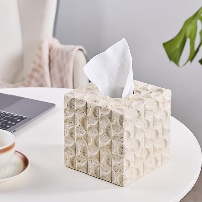 Natural Travertine Textures Tissue Box Cover Square for Home Decor, Relief Sculptured Geometric Cube Resin Heavy Tissue Box Holder for Bathroom Countertop, Tabletop, Night Stand, Office Desk (Beige)