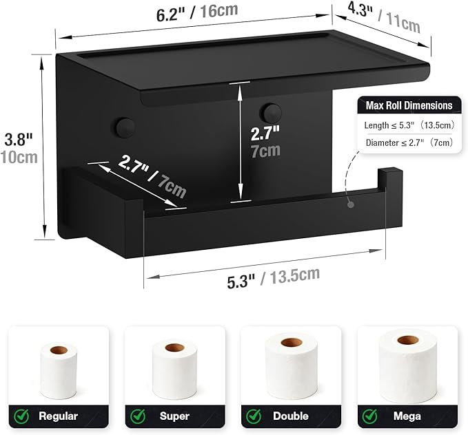 HITSLAM Toilet Paper Holder with Shelf, Stick on Matte Black Toilet Paper Roll Holder, Self Adhesive or Wall-Mount with Screws for Bathroom,Washroom