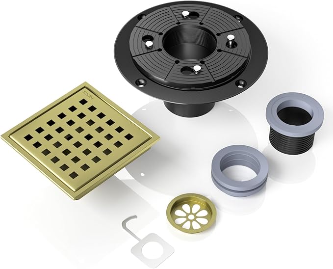 4 Inch Square Shower Drain, Shower Floor Drain with with Removable Square Hole Cover, 304 Stainless Steel Bathroom Drains with Flange (Brushed Bronze)