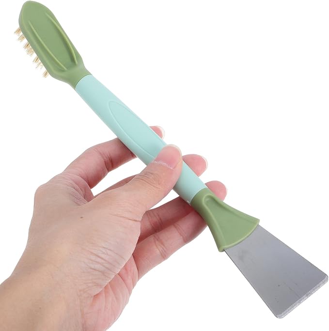 Toyvian Hard Bristle Crevice Cleaning Brush and Scraper, 2-in-1 Gap and Edge Brush for Kitchen Stove, Bathroom Gutter, and Window Track Cleaning, Green Dual-Headed Tool for Household Use