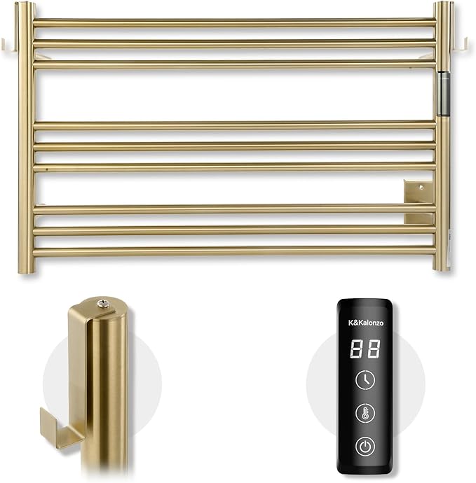 K&KALONZO Towel Warmer for Bathroom, Wall-Mounted 9-Bar Heated Towel Rack with Built-in Timer, Waterproof Electric Towel Heater, Support Plug-in and Hardwired, Brushed Gold, EL13M