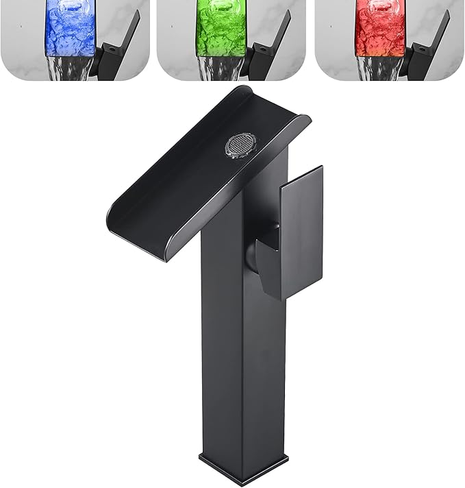 Bathroom Vessel LED Faucet 3 Color Changing Light Waterfall Single Handle One Hole Bowl Sink Faucet Vanity Lavatory Deck Mount Mixer Tap Tall Body Modern Restroom 1 Hole Supply Lines