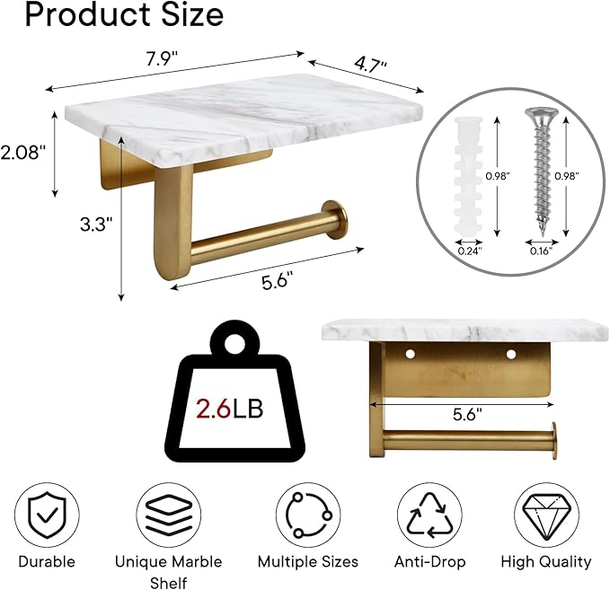 Toilet Paper Holder with Natural Marble Shelf for Bathroom Washroom,Wall Mounted Tissue Holder Suitable for Mega Roll (Brushed Gold, Middle 7.87 * 4.72 in)