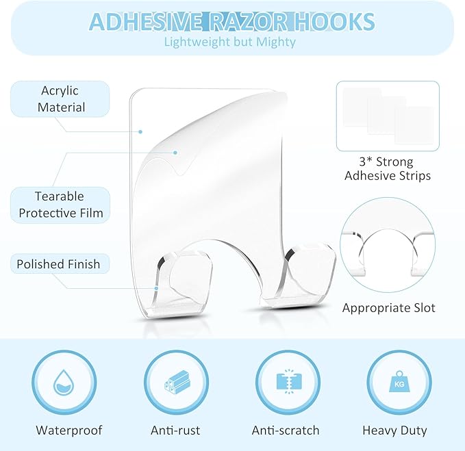 VIS'V Shower Wall Razor Holder, Acrylic Adhesive Razor Hooks for His and Hers, Waterproof, Clear, 2 Pcs