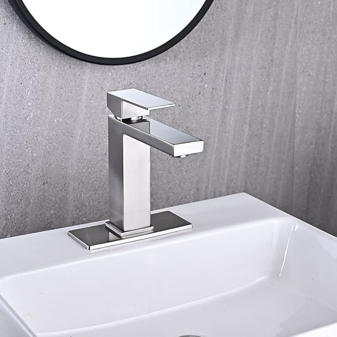 Brushed Nickel Bathroom Faucet, Single Hole Vanity Bath Faucet, Single Handle Modern Stainless Steel Bathroom Faucets for Sink 1 Hole with Pop Up Drain Stopper & Water Supply Hoses