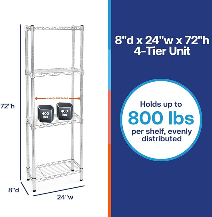 Shelving Inc. 8" d x 24" w x 72" h Chrome Wire Shelving with 4 Tier Shelves, Weight Capacity 800lbs Per Shelf
