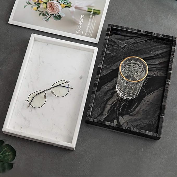 Black Marble Tray, Stone Bathroom Tray, Decorative Holder for Tissrue, Candle, Soap, Towel, Plant (Black - 10 x 6)