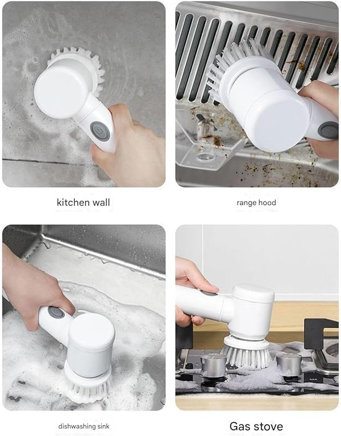 Electric Cleaning Brush Household Multi-Functional Handheld Dishwashing Brush 360° Rotation with 5 Brush Heads Waterproof Body for Dishwashing, Kitchen Cleaning, Door and Window Cleaning